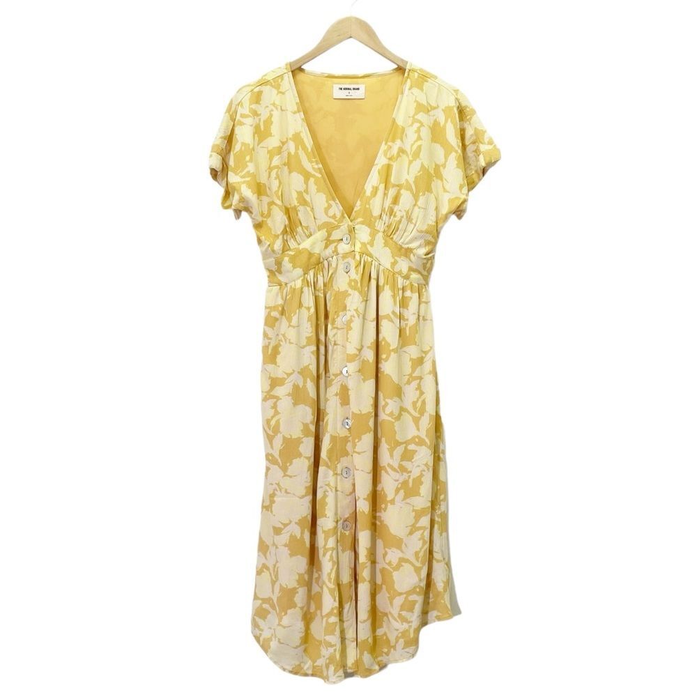 NWT The Normal Brand Ezra Crepe Deep V Button Thru Dress Yellow Size Small NEW - Picture 2 of 16